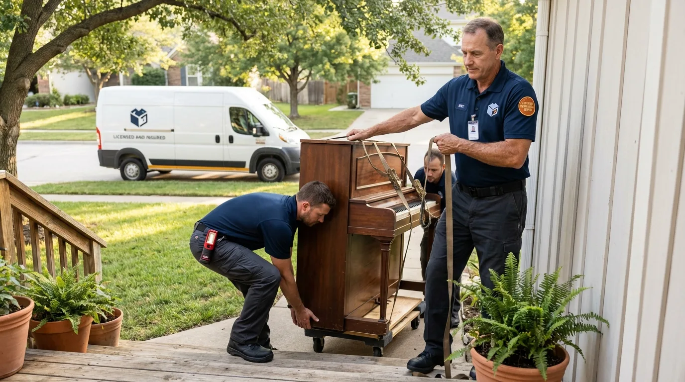 Licensed piano movers securing grand piano in Rahway, NJ