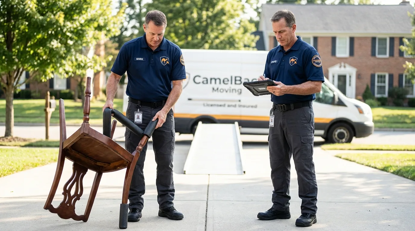 Movers inspecting furniture for damage prevention before loading in Rahway, NJ