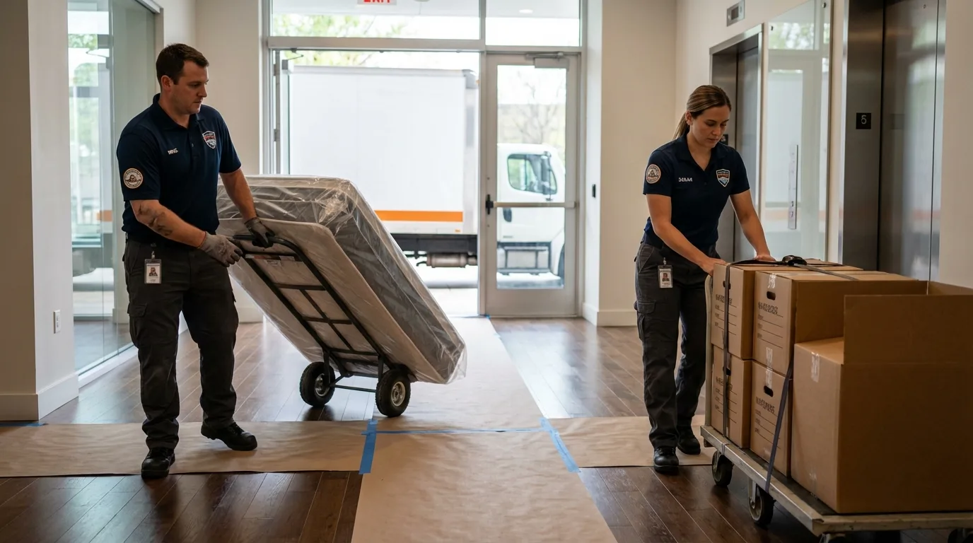 Professional apartment movers loading elevator in Rahway, NJ